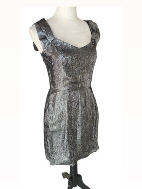 Walter Baker Sheath Metallic Silver Cocktail Dress with Structured Shoulders